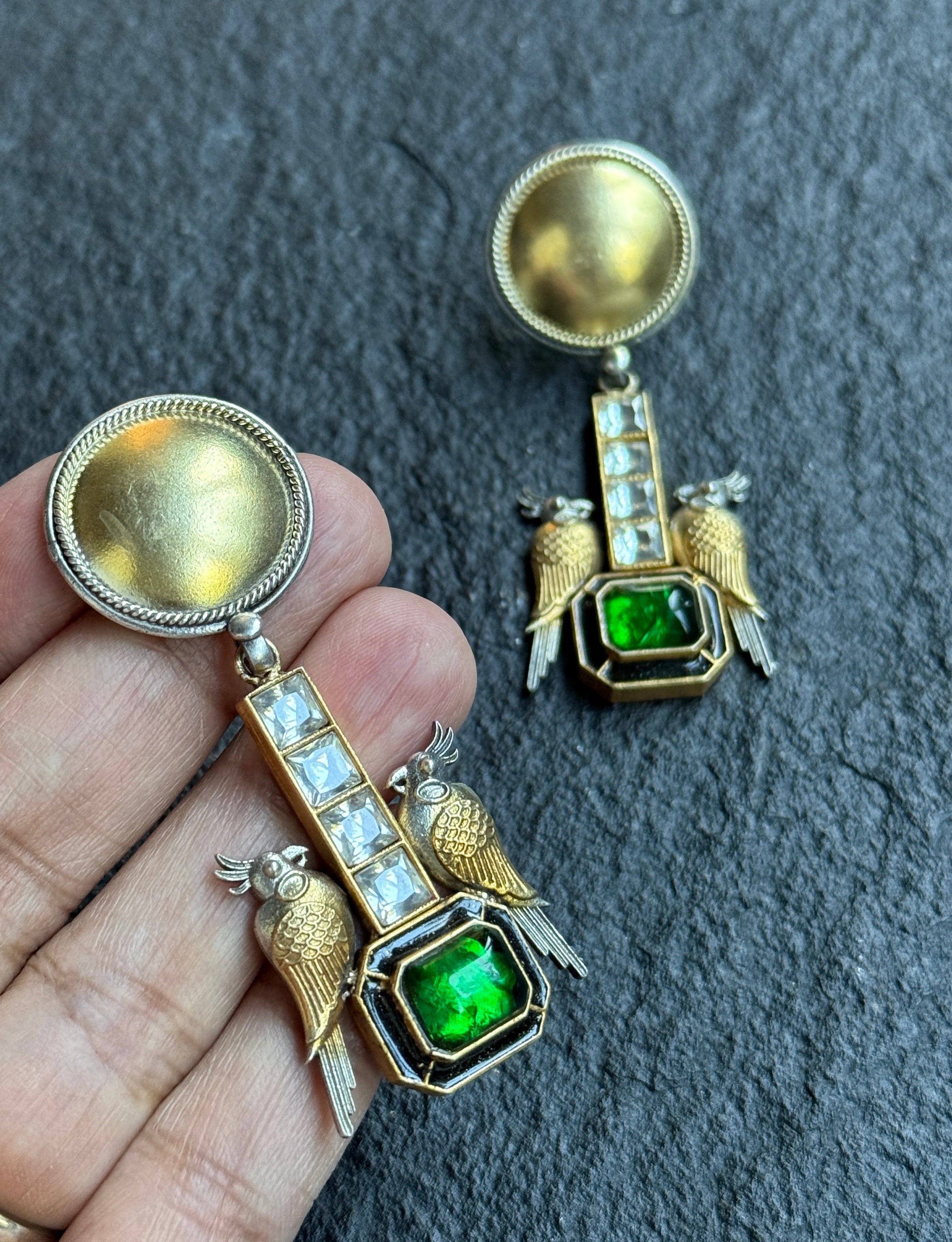 Earring 925 Silver- Green Kundan Bird