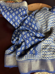 Printed Muga Cotton Silk Banaras  - Blue Paisley