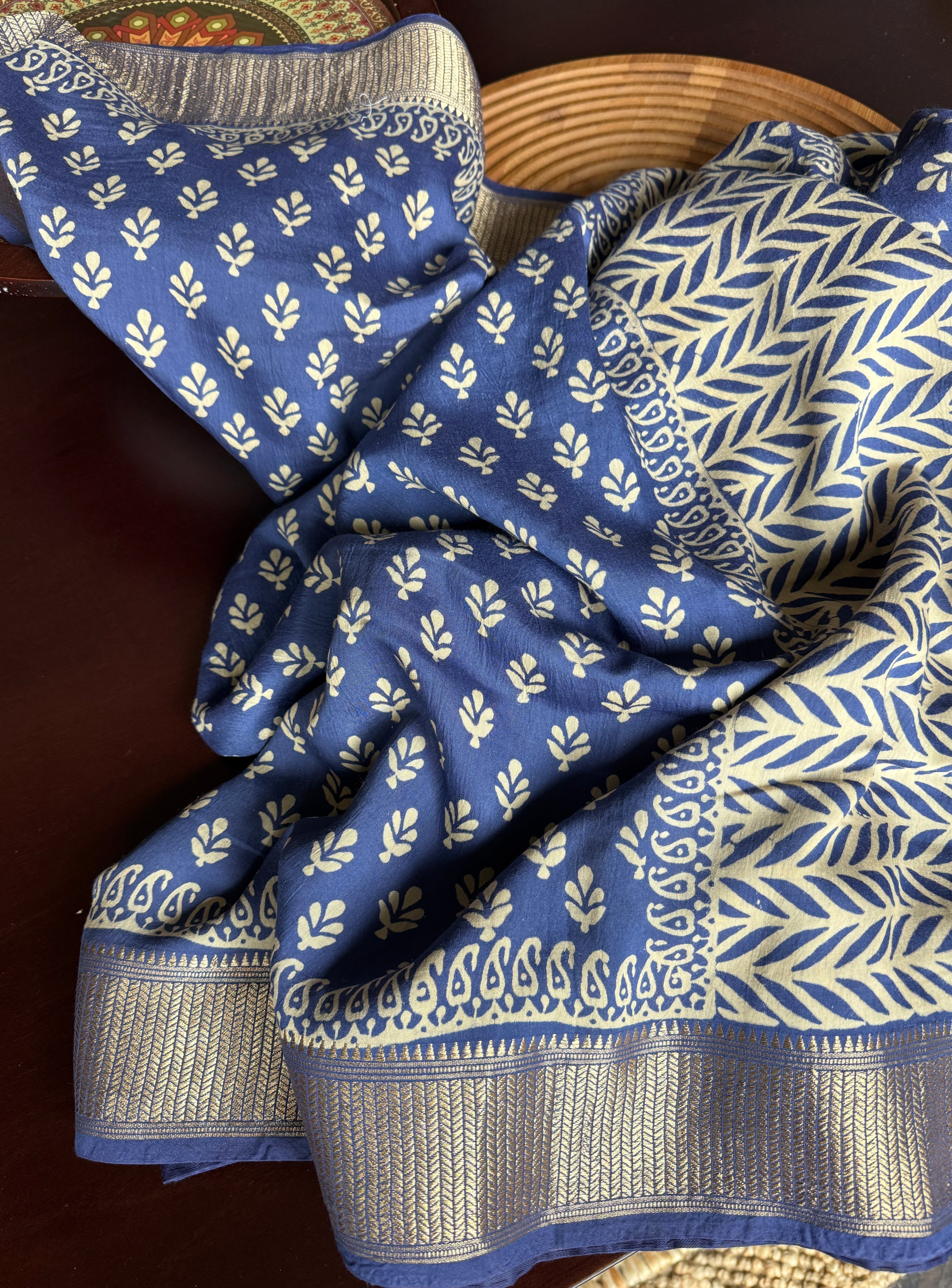 Printed Muga Cotton Silk Banaras  - Blue Paisley