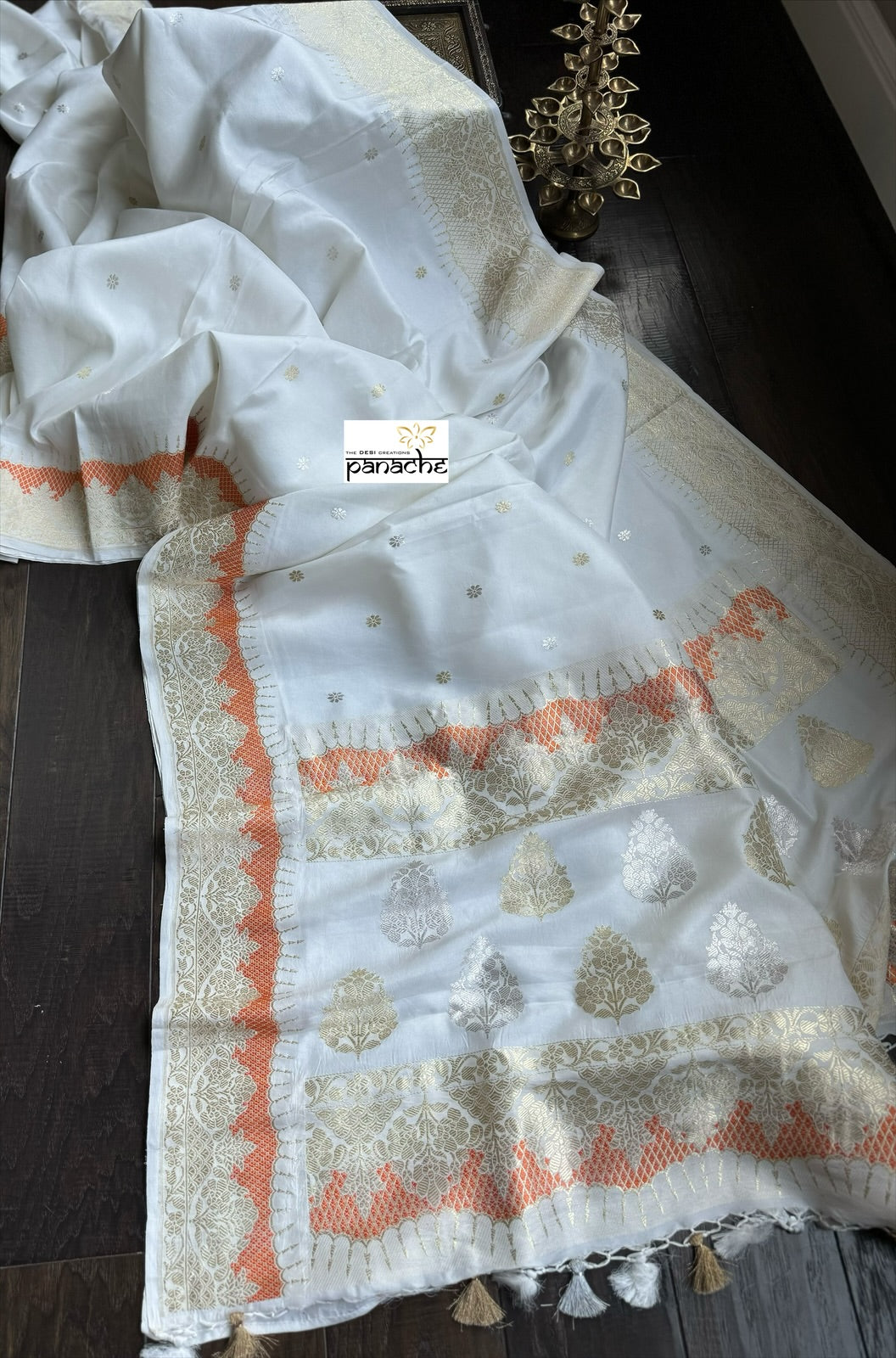 Pure Katan Silk Kadhua Banarasi - White antique Zari