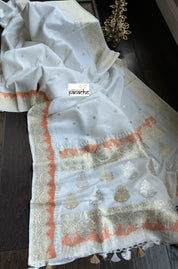 Pure Katan Silk Kadhua Banarasi - White antique Zari