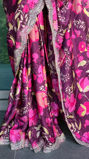 Designer Crepe Satin - Wine Maroon Multi Color