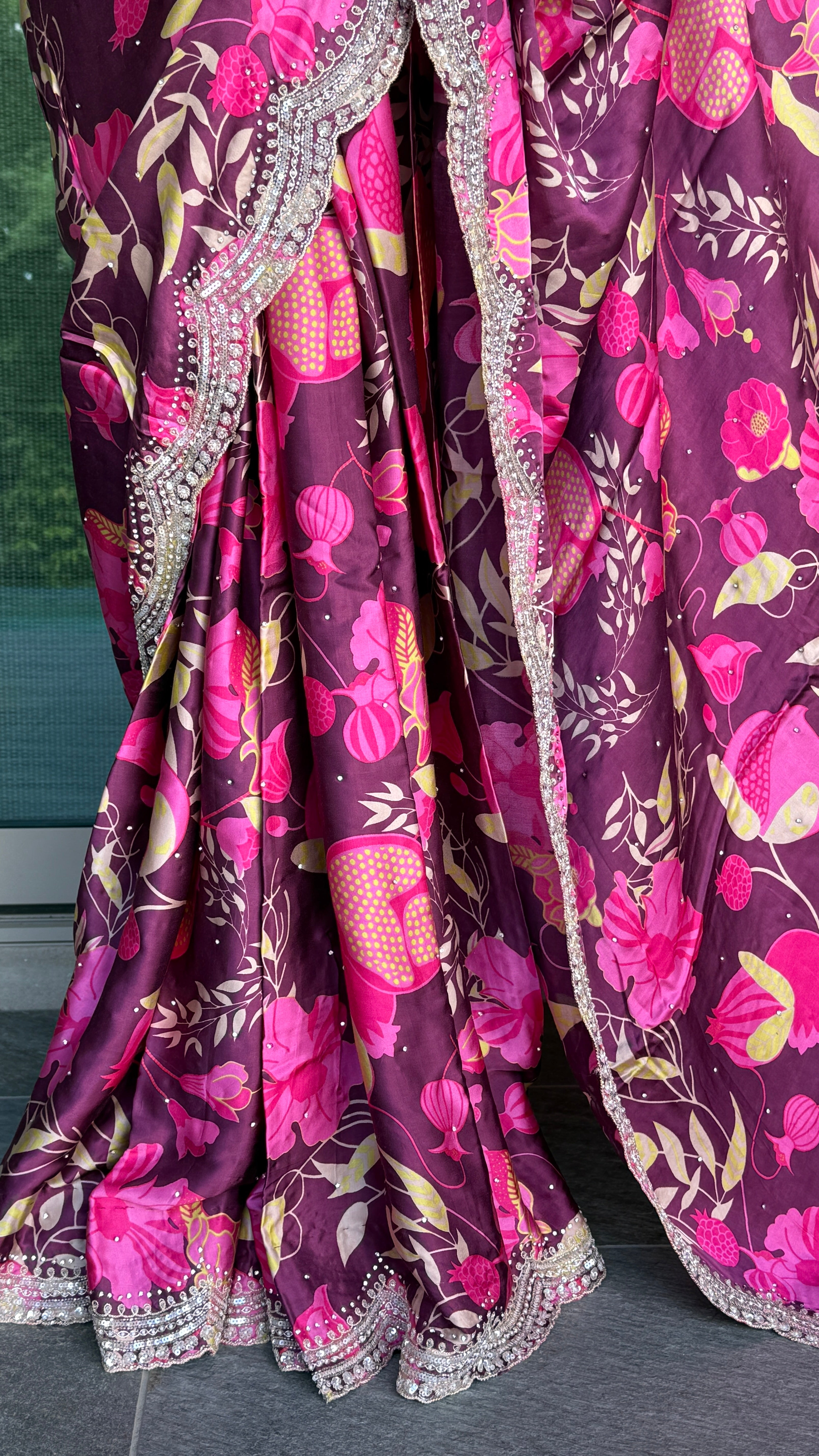 Designer Crepe Satin - Wine Maroon Multi Color
