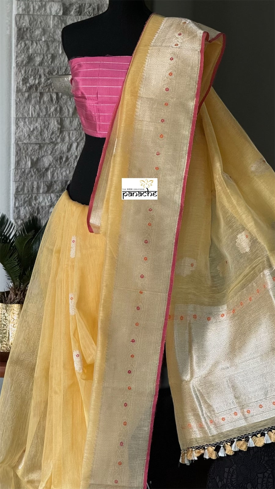 Linen Silk Banarasi - Yellow Pink