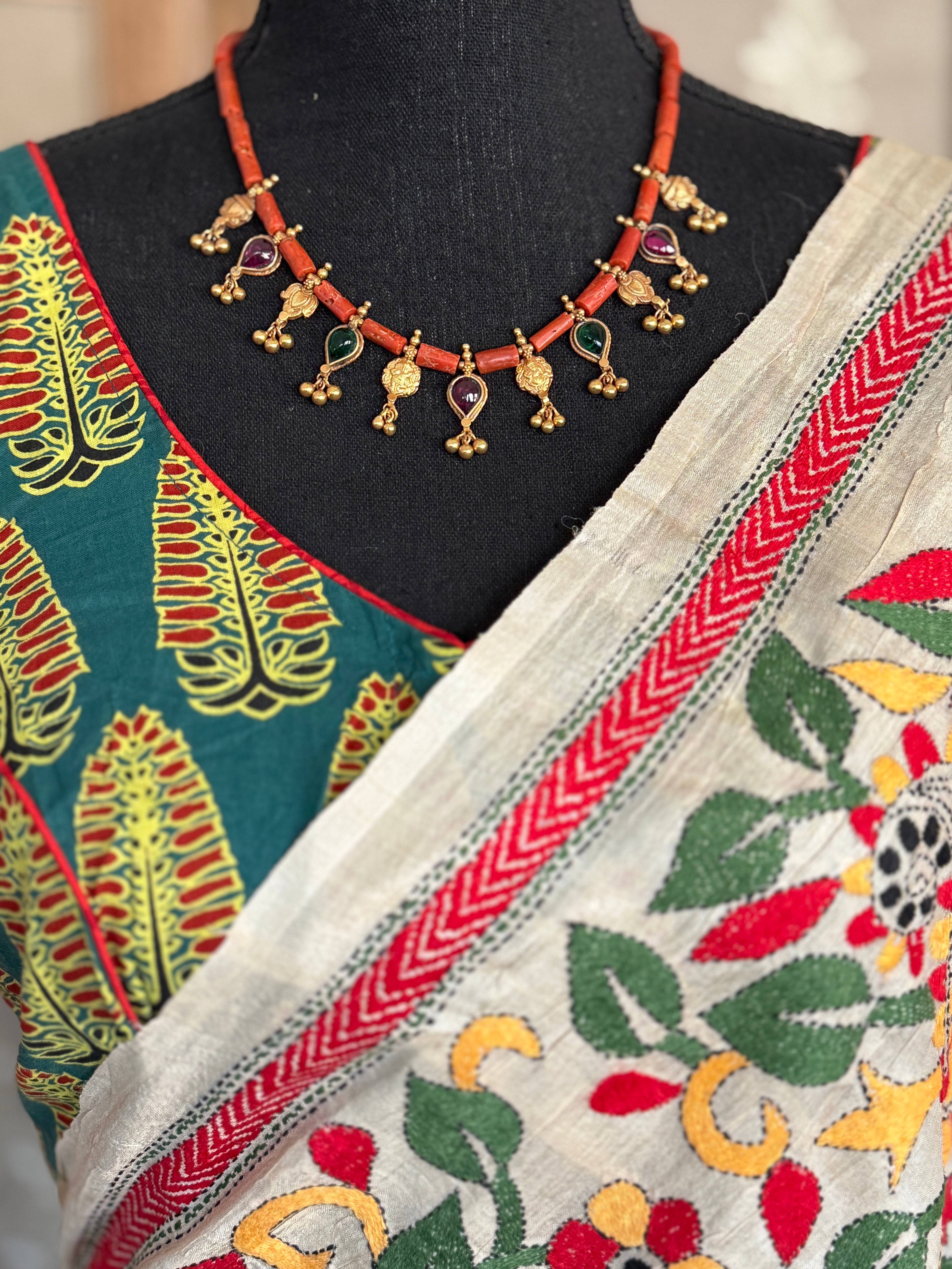 Pure Tussar Silk Kantha Stitch -  Beige Multi color