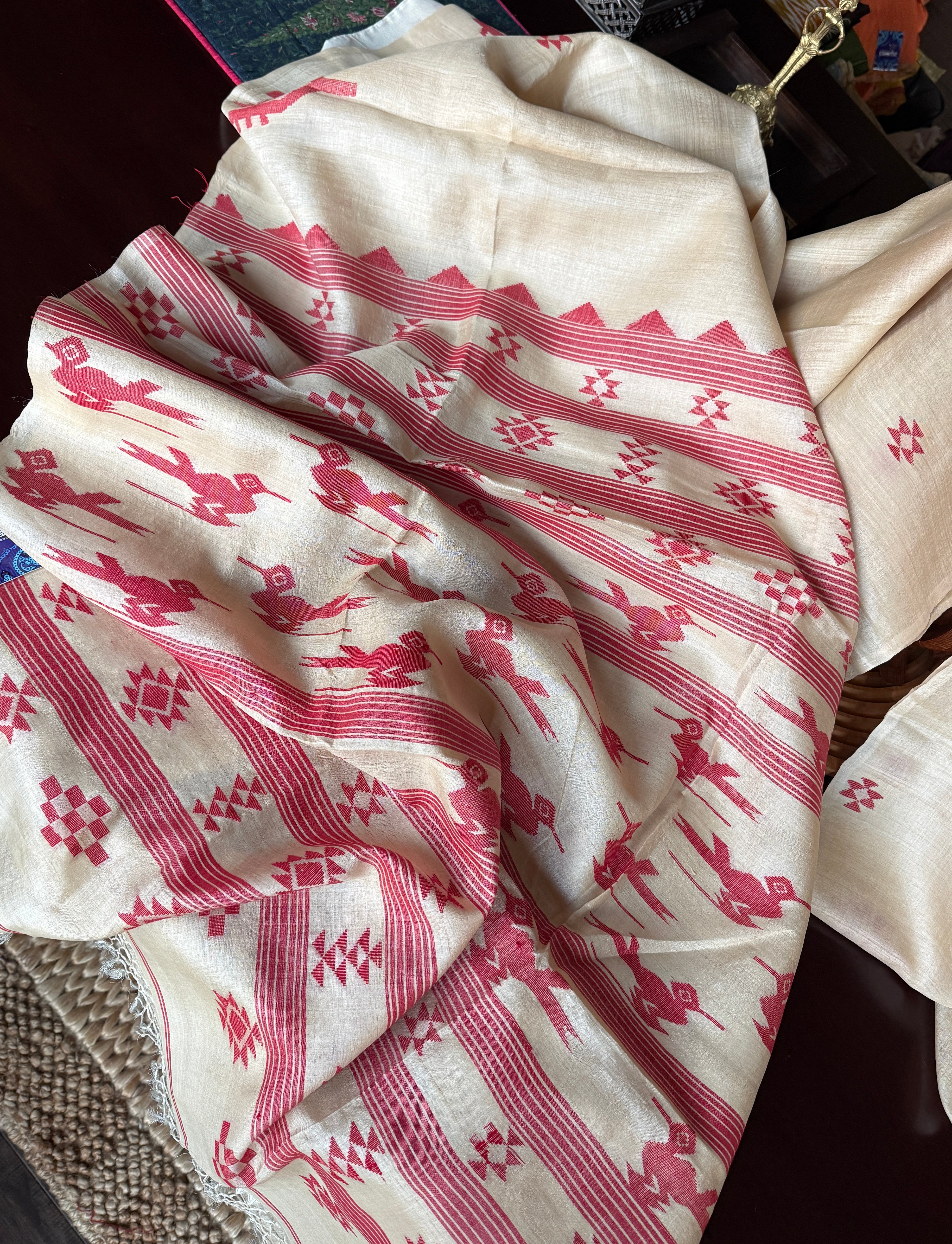 Pure Tussar Silk Jamdaani - Beige Red