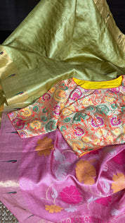 Tussar Silk Paithani Single Munia - Henna Green Handwoven