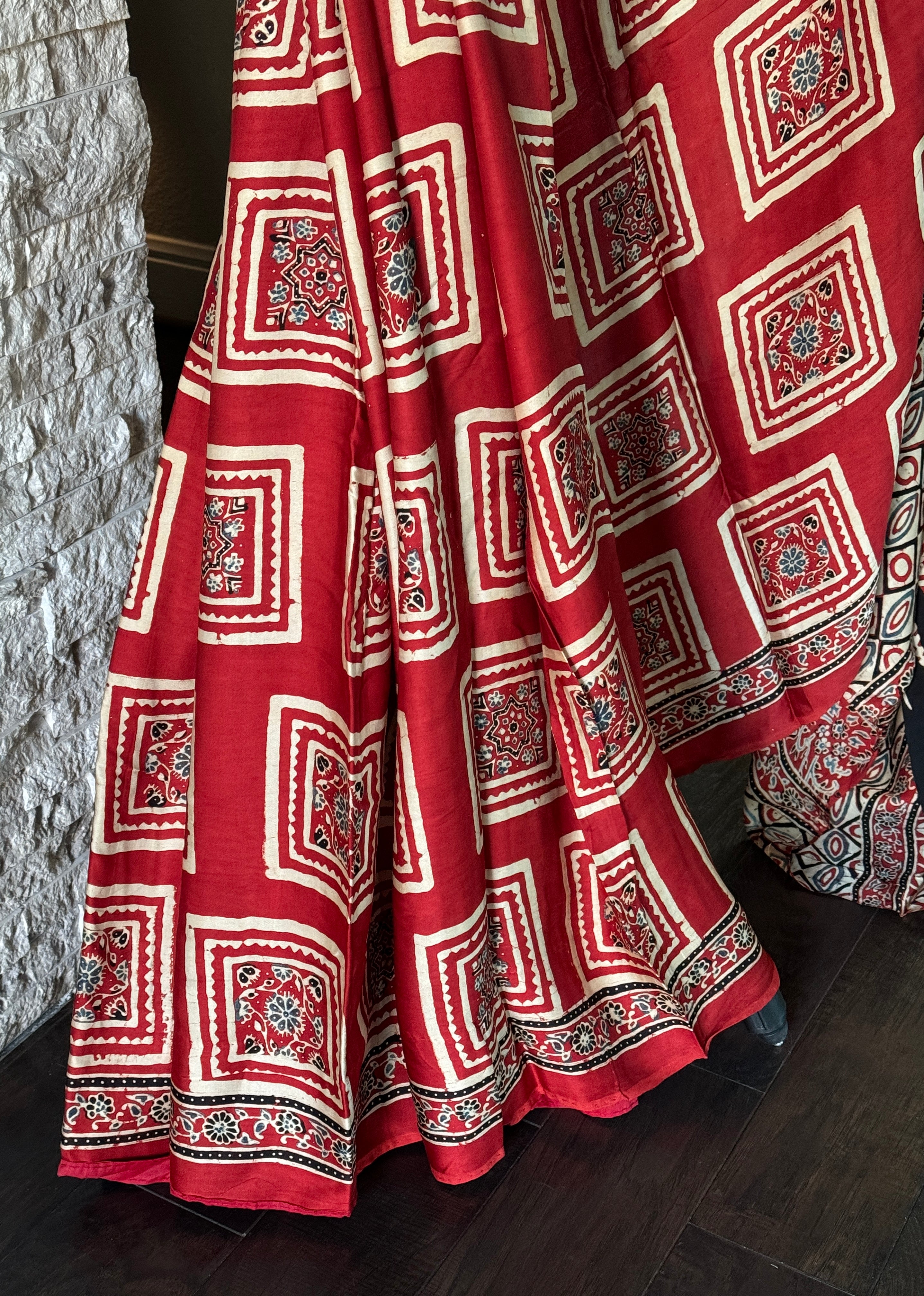 Modal Silk Ajrakh - Red Black Cream