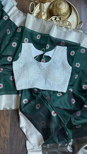 Pure Chanderi Pattu Silk - Dark Teal Green Meenakari