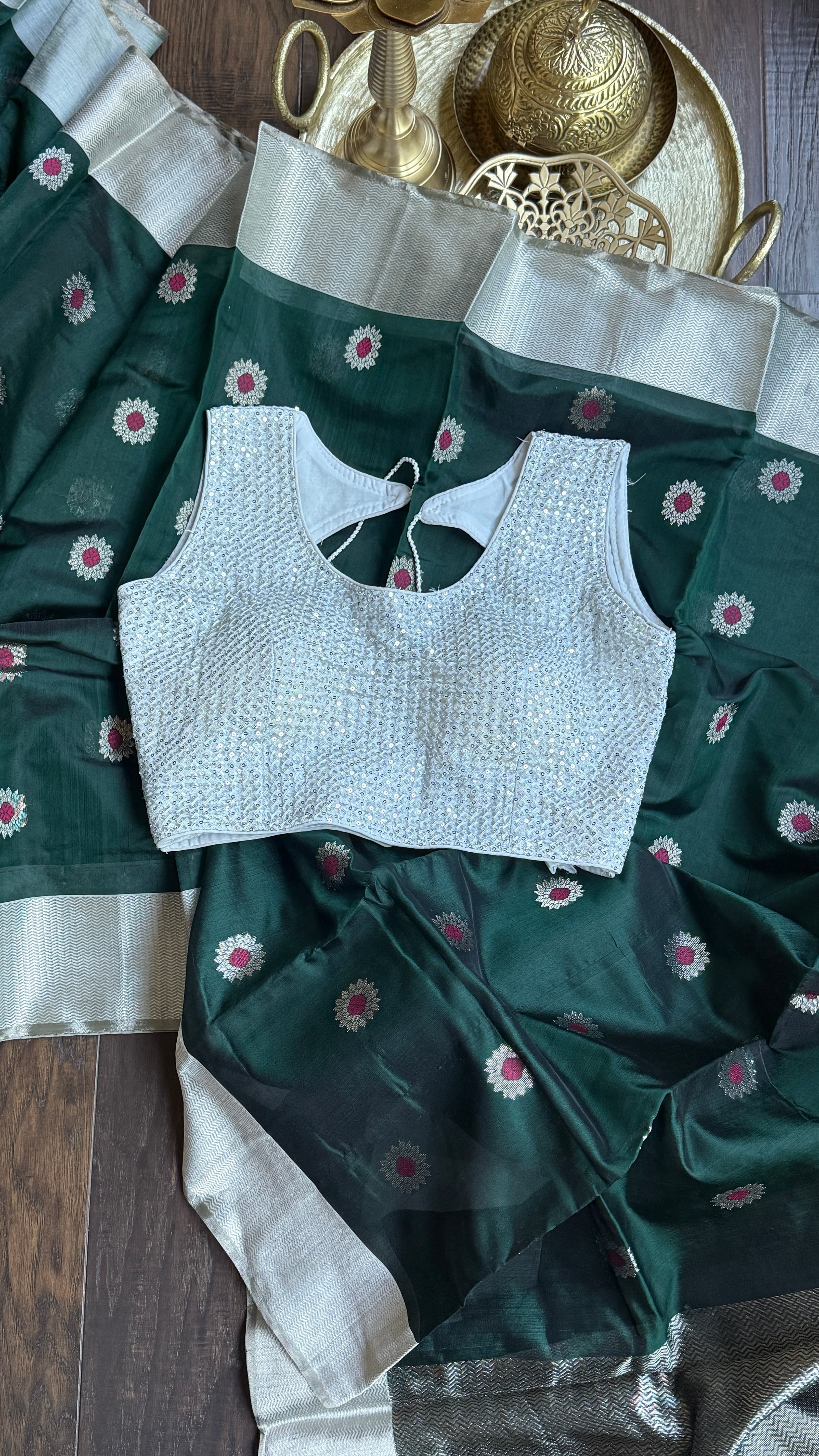 Pure Chanderi Pattu Silk - Dark Teal Green Meenakari