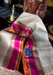 Pure Tussar Silk Handwoven - Tussar Beige Pink Orange