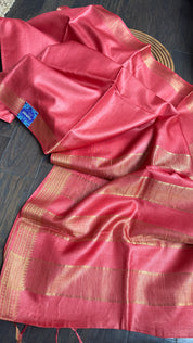 Handwoven Tussar Silk - Red Golden Zari