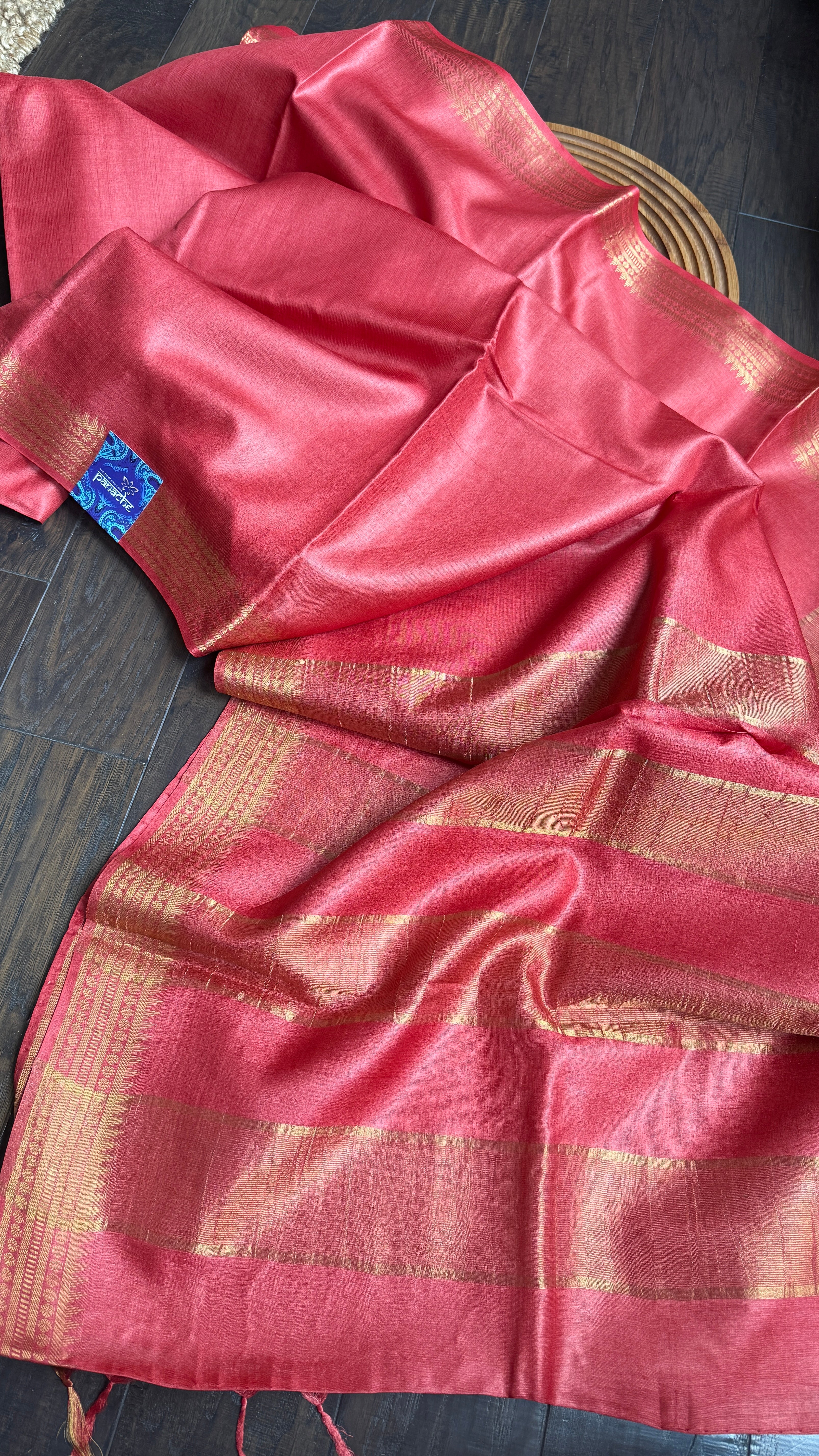 Handwoven Tussar Silk - Red Golden Zari