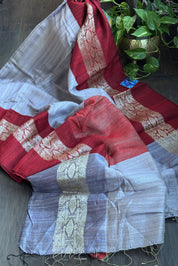 Pure Matka Silk Jamdaani - Grey Mauve Red Woven