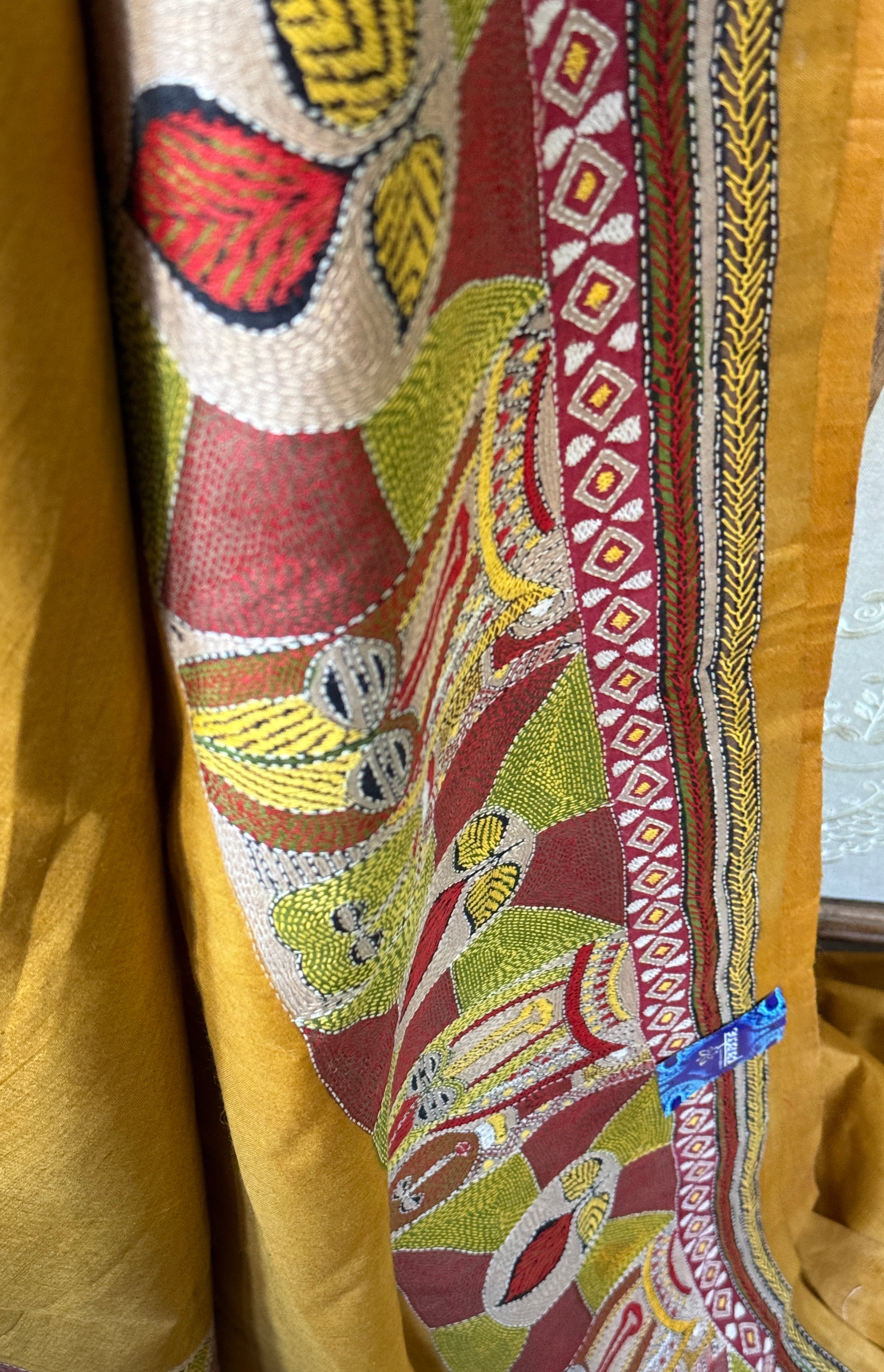Pure Tussar Silk Kantha Stitch -  Yellow Mask