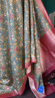 Tussar Silk Kalamkari Banarasi- Green Red