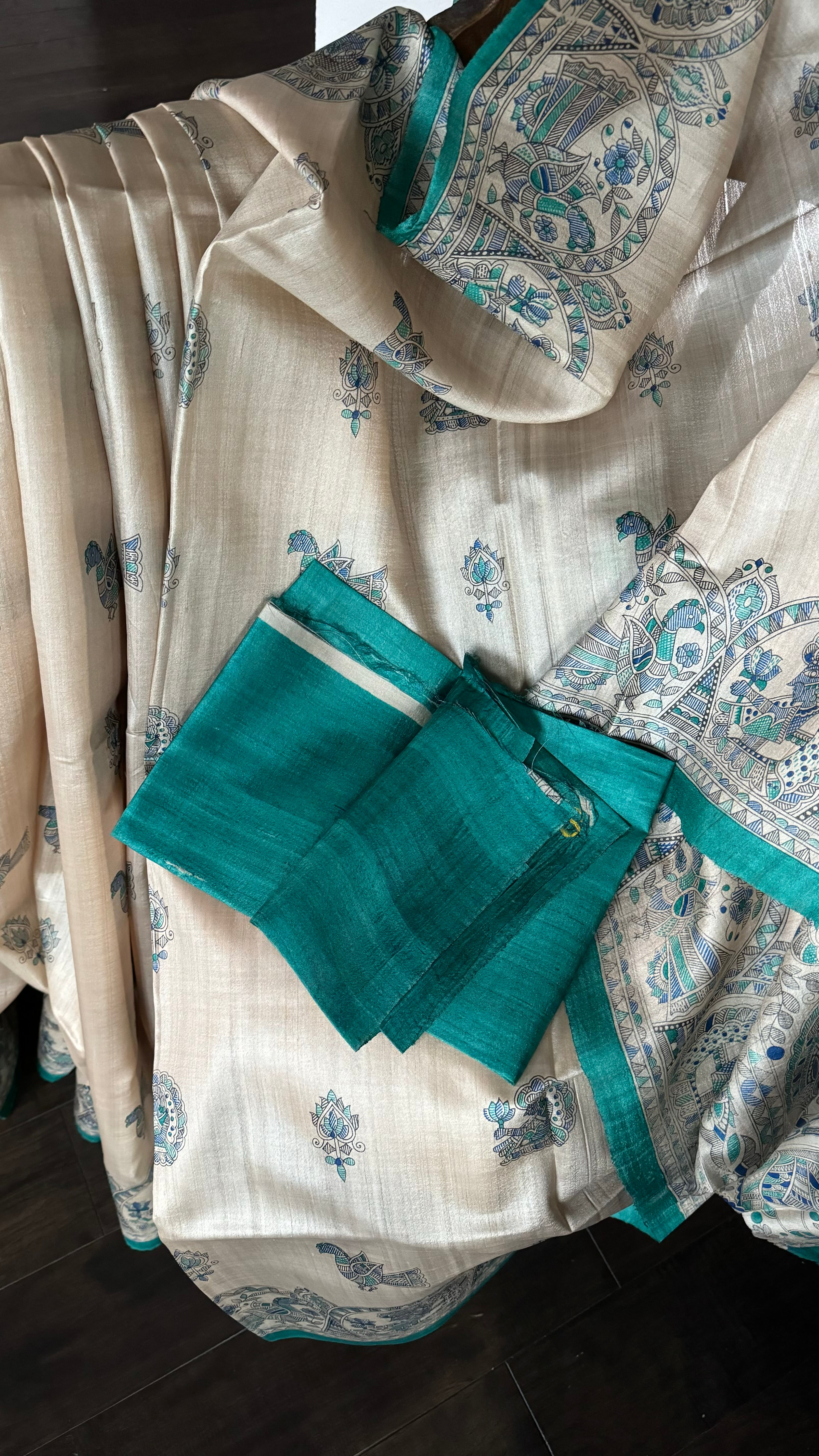 Pure Tussar Silk - Beige Blue Madhubani