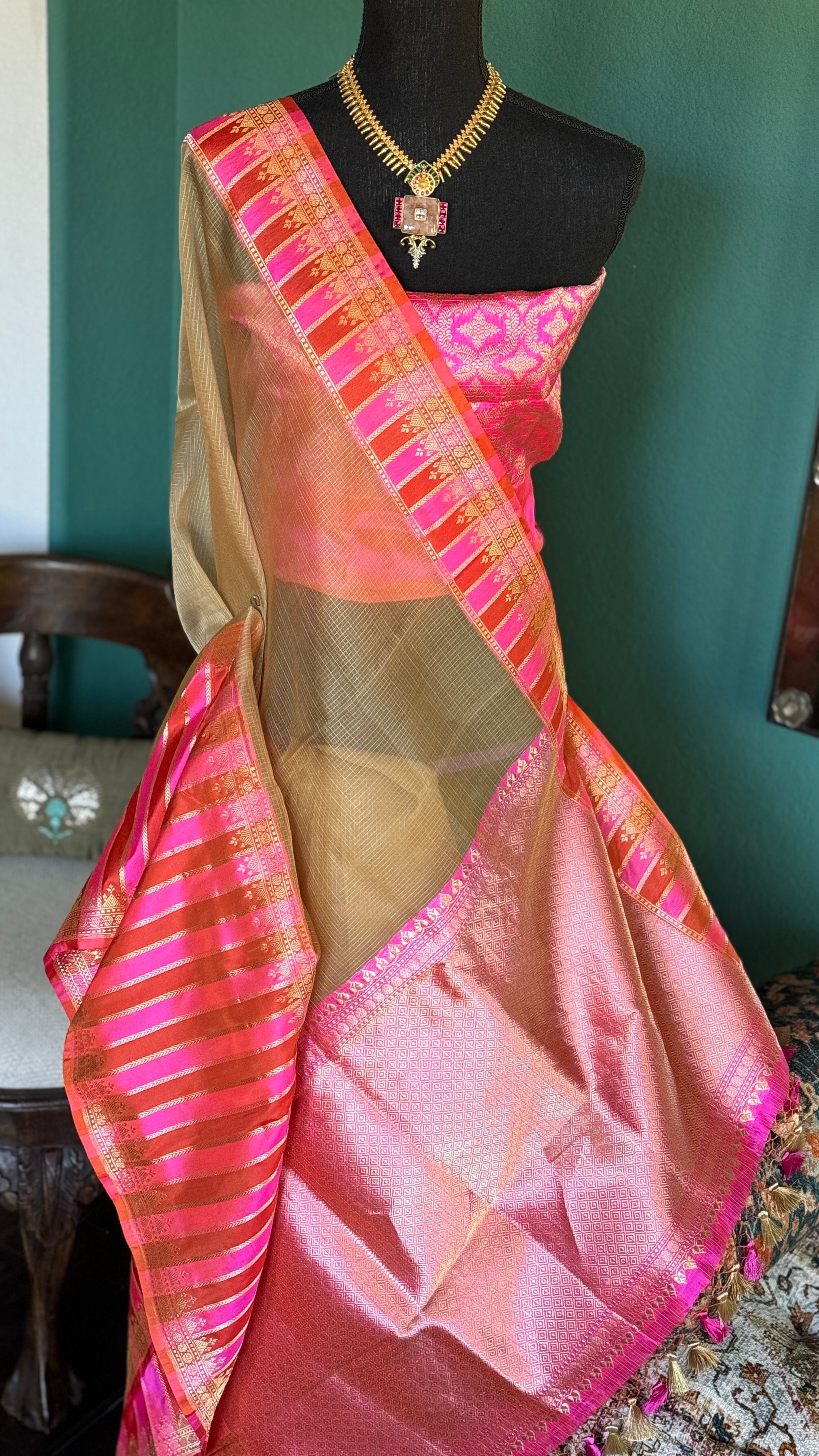 Organza Katan Silk Banarasi -  Tan Pink Orange Checkered