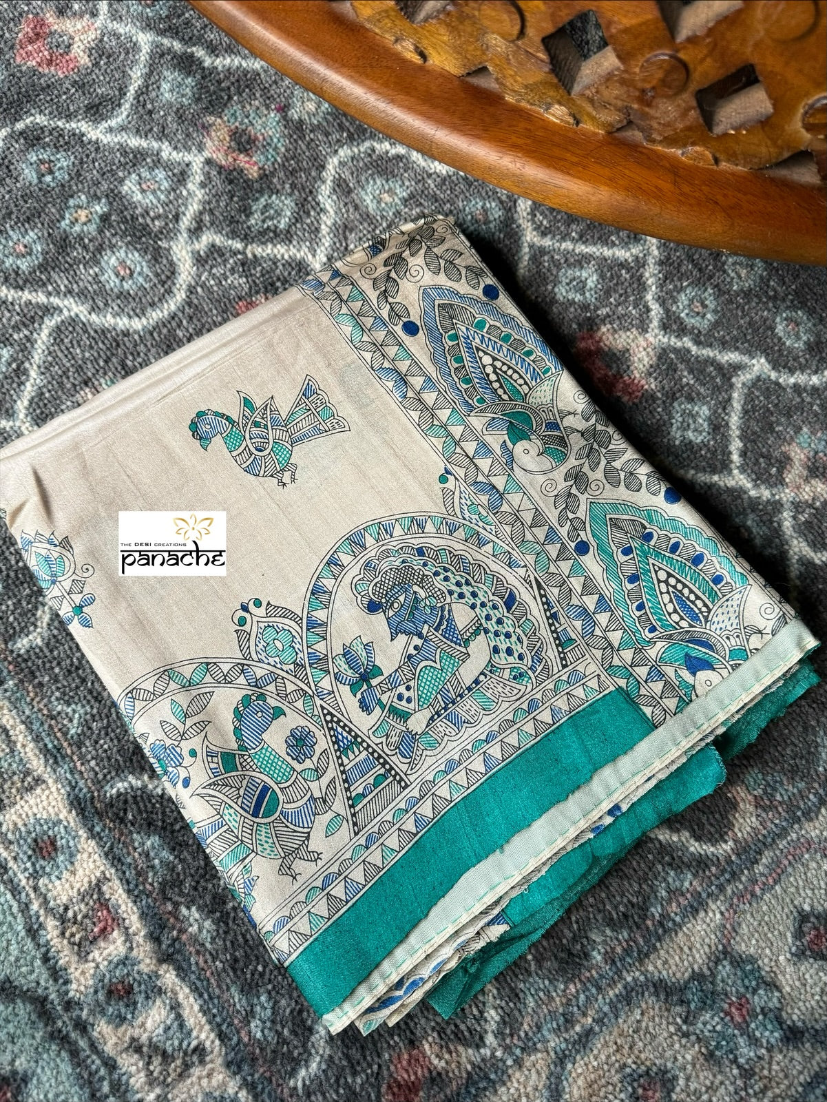 Pure Tussar Silk - Beige Blue Madhubani