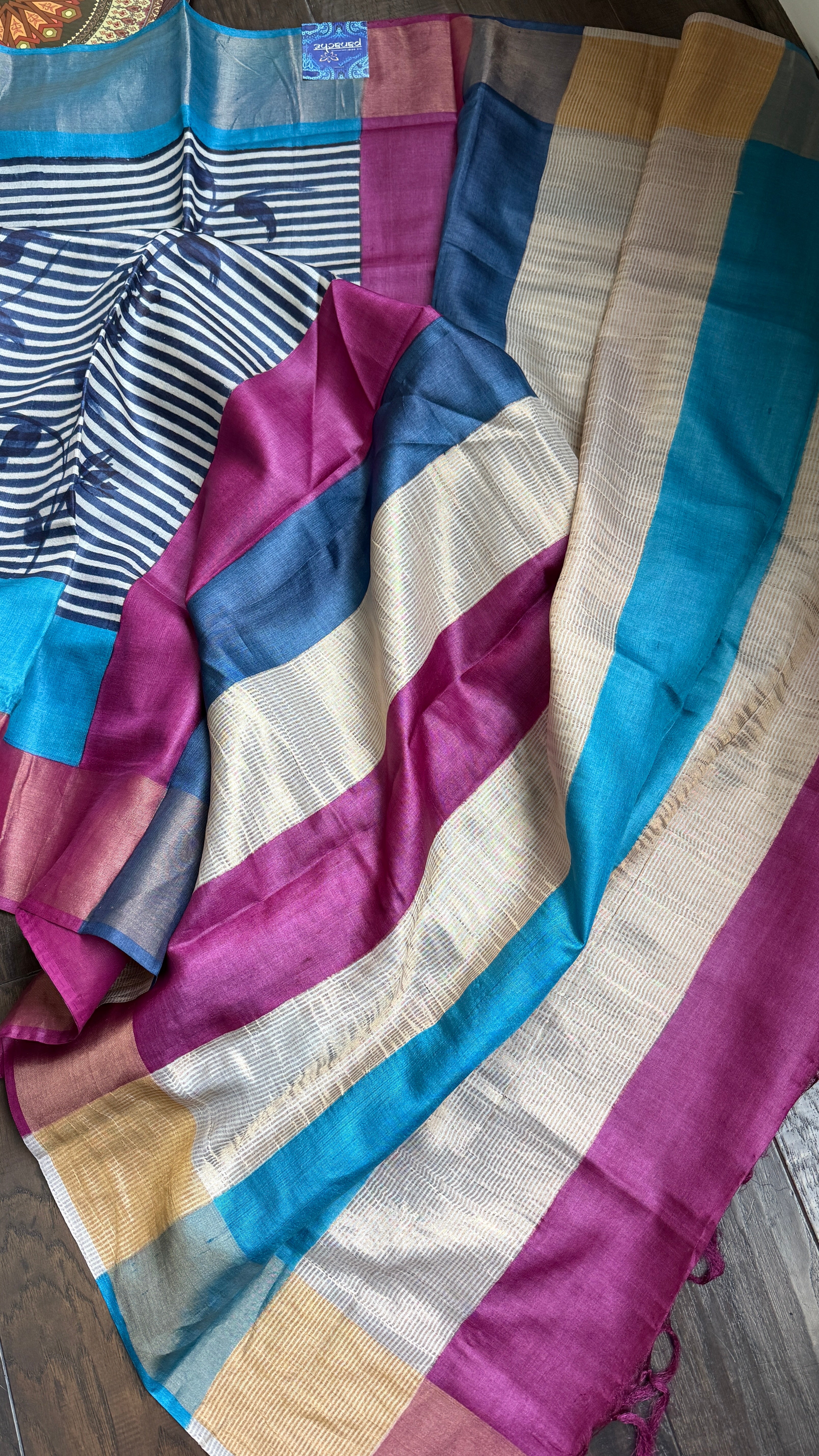 Pure Tussar Silk - Blue Firozi Magenta
