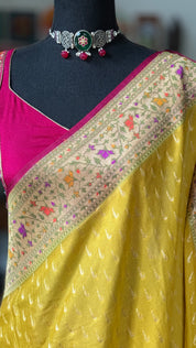 Khaddi Georgette Banarasi - Ochre Yellow Mahendi Paithani