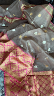 Pure Kora by Katan Silk Kadwa Banarasi - Light Grey Mauve Antique Zari