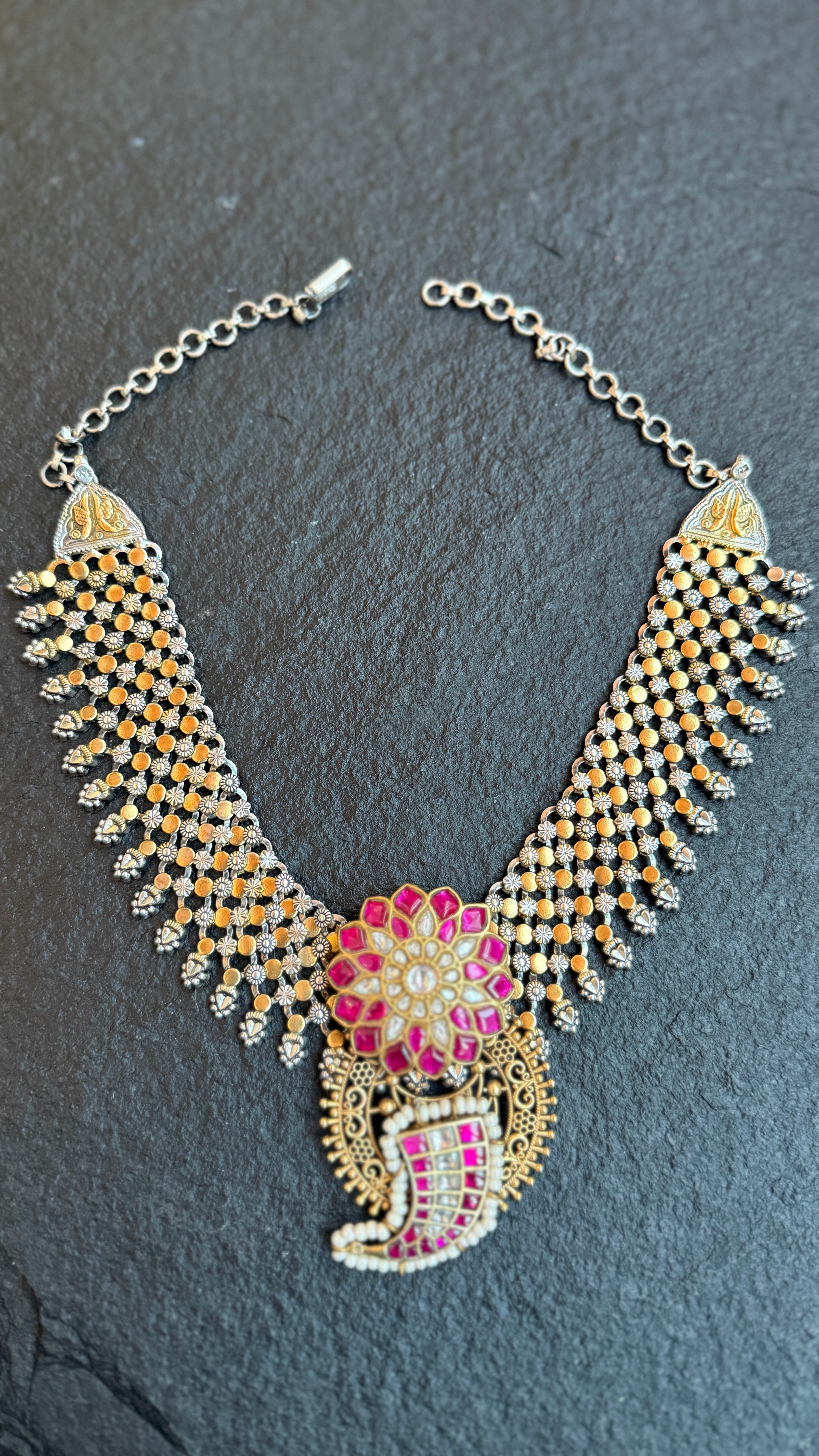 Pure Silver 925 Necklace- Kundan Pendant Statement Dual Tone