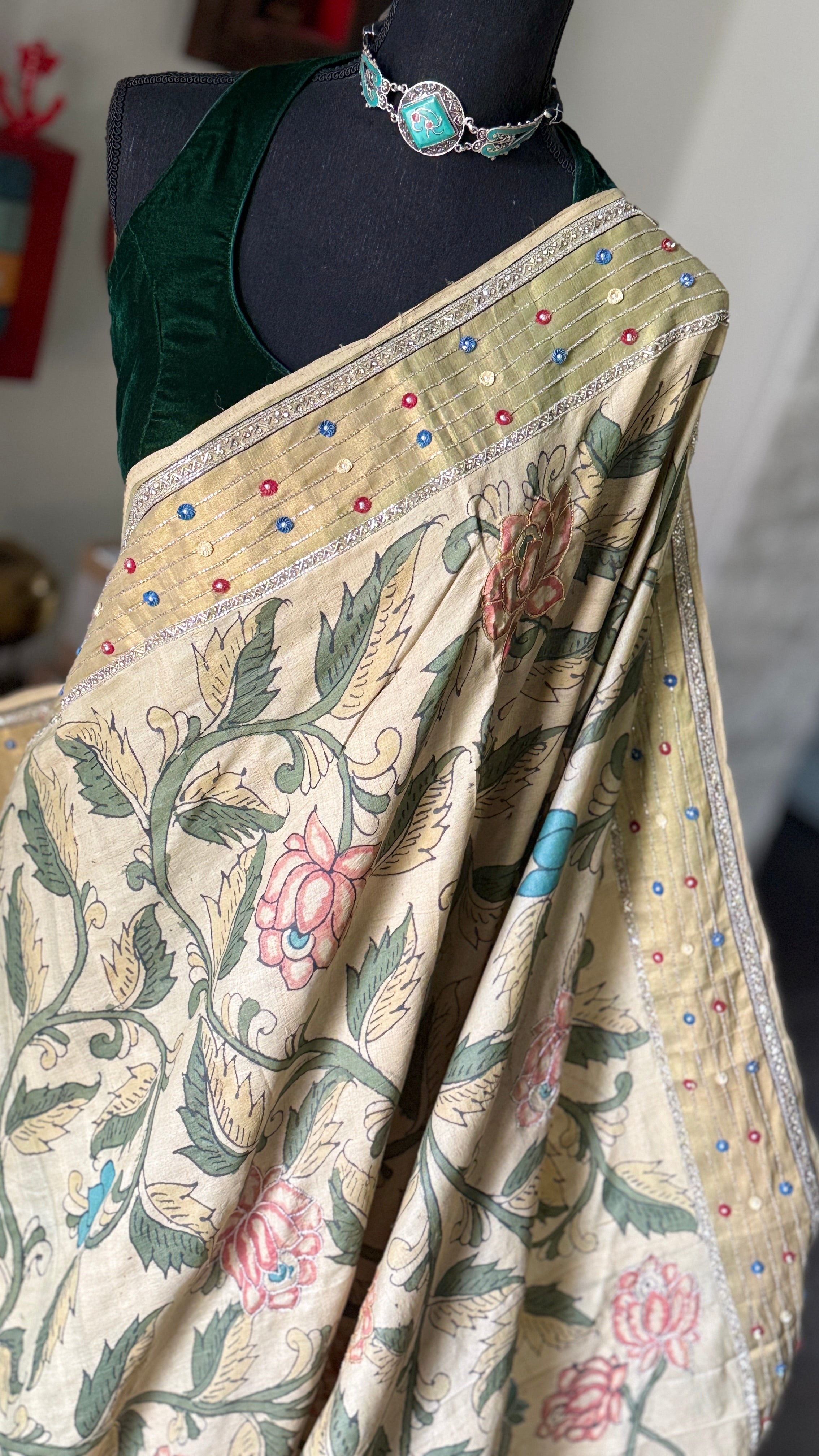 Pen Kalamkari Tussar Silk - Hand-Zardozi Beige Green