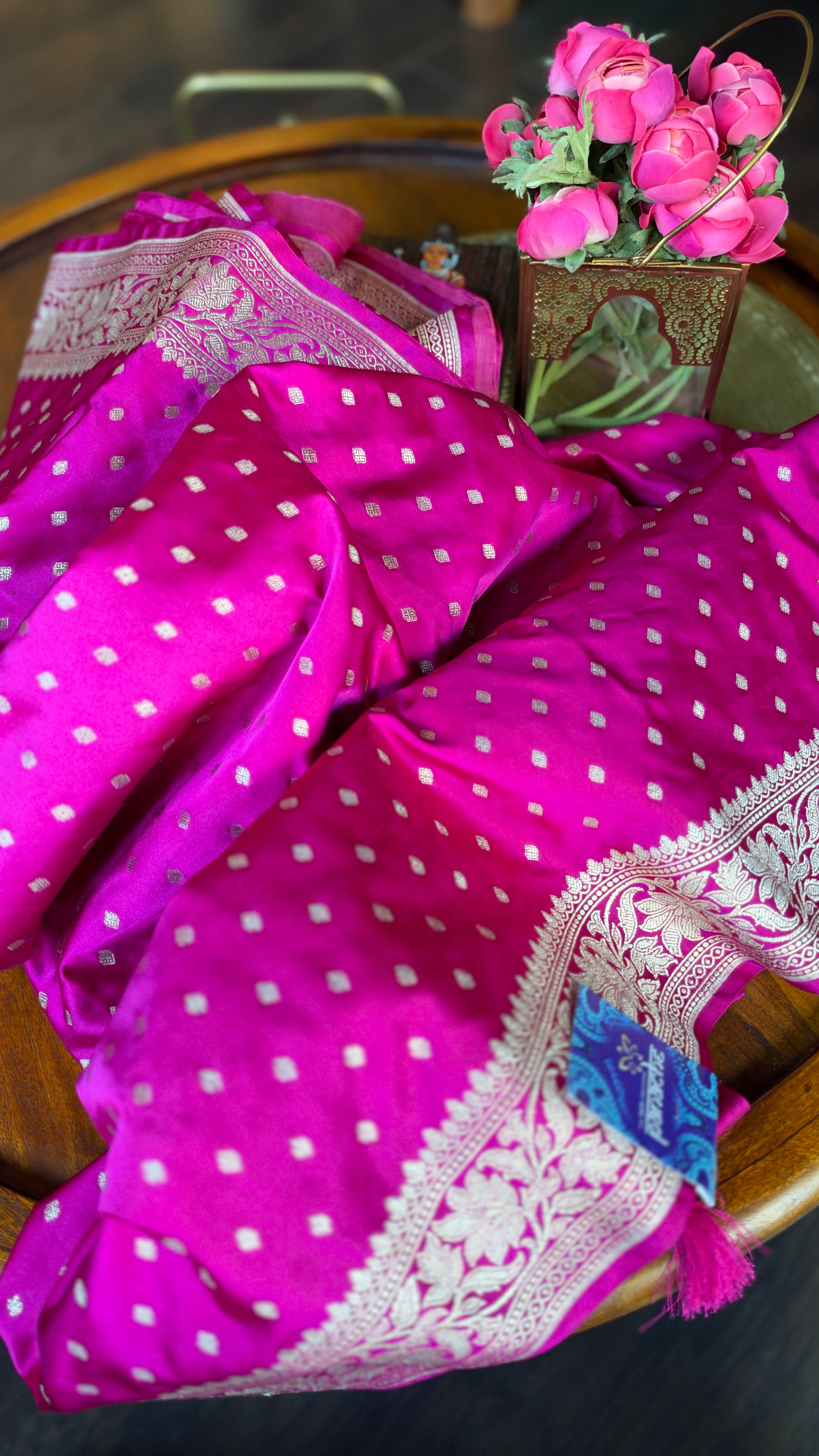 Soft Silk Mashru Banaras Saree - Pink Antique gold Zari