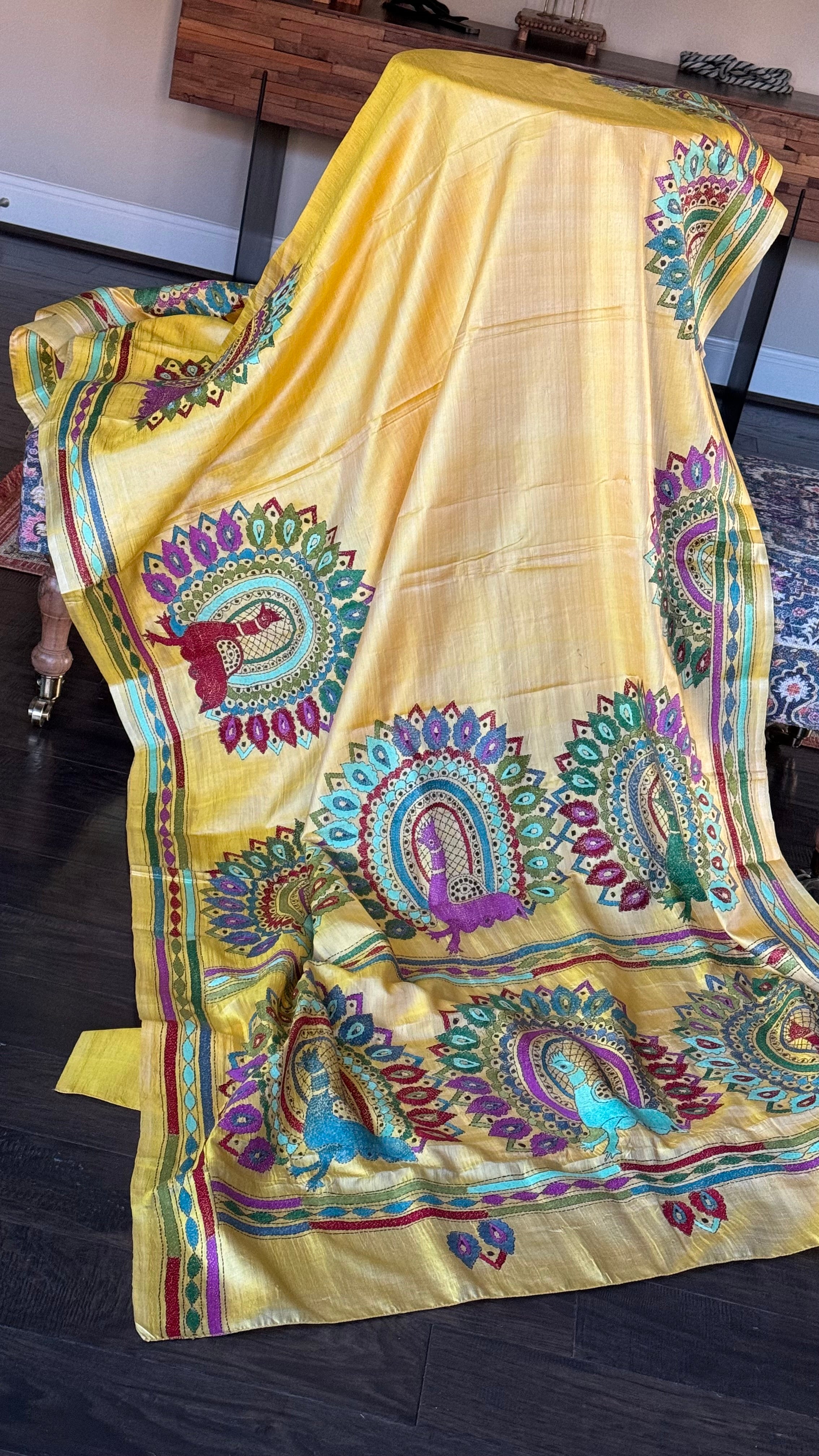 Pure Tussar Silk Kantha Stitch - Yellow