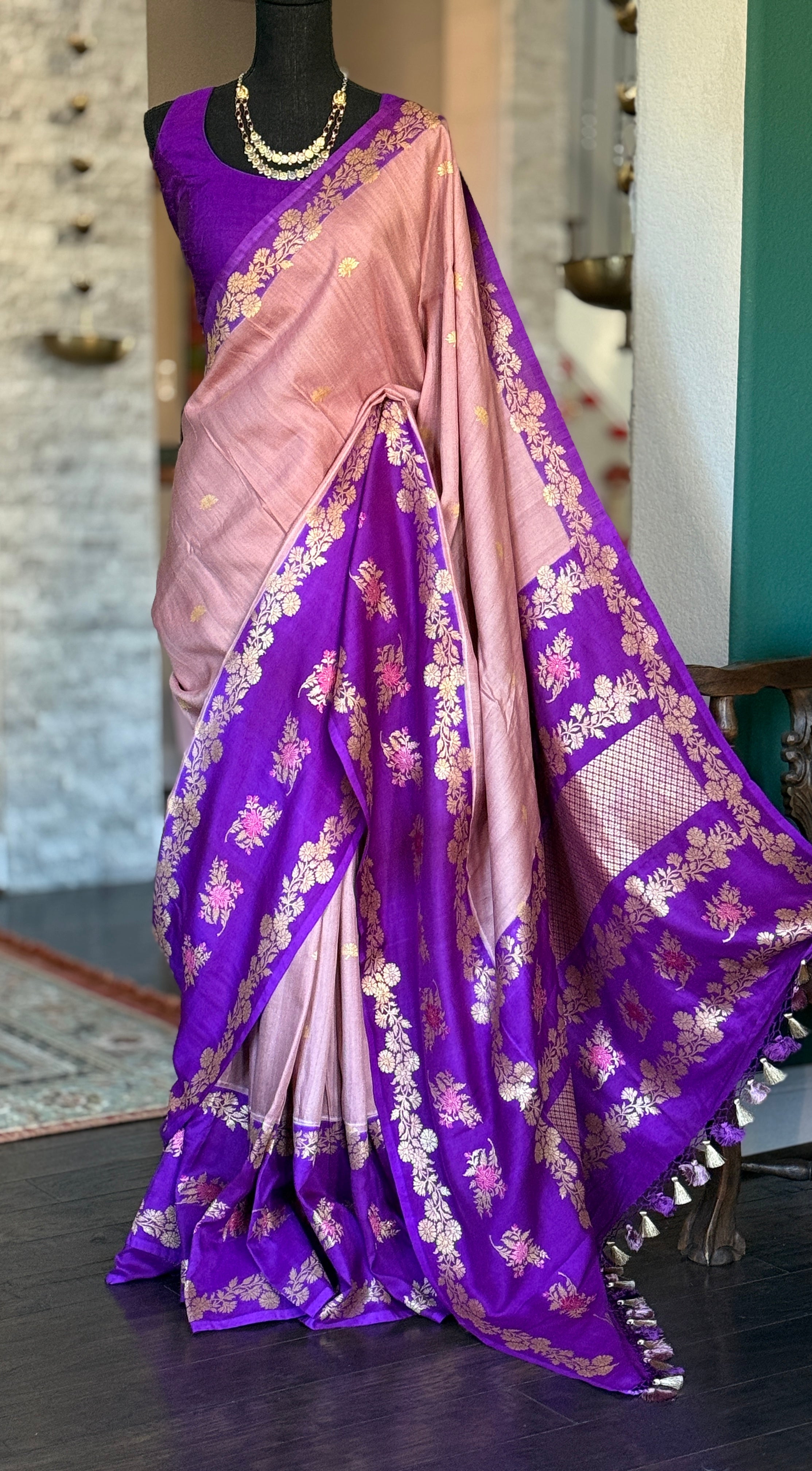 Tussar Georgette Katan Silk Banarasi - Blush pink Purple Kadhua