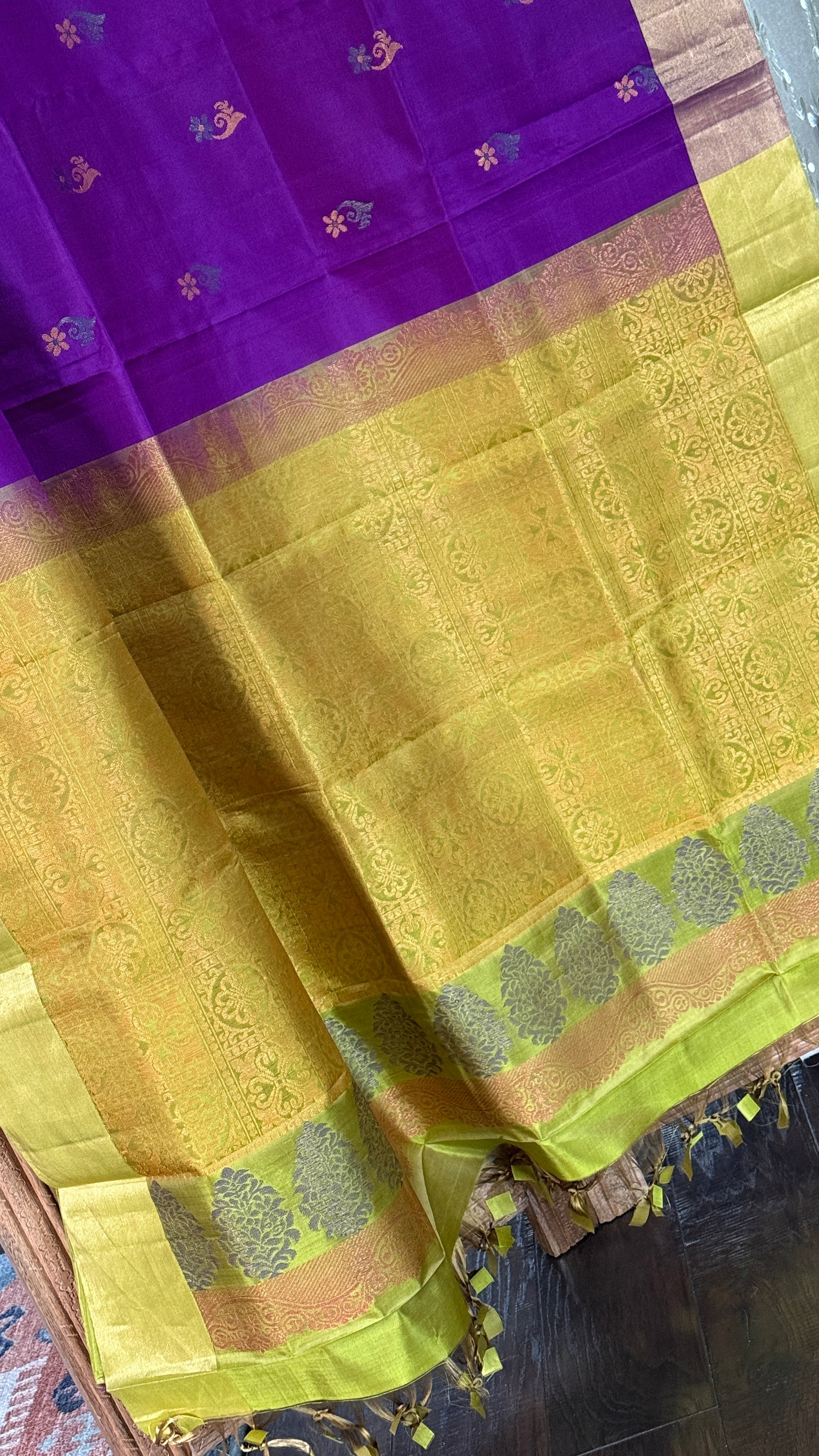 Pure Silk Kanjivaram - Purple Lime Green Yellow