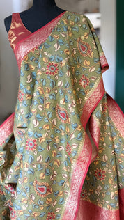 Tussar Silk Kalamkari Banarasi- Green Red