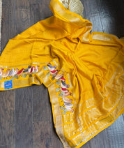 Designer Cotton Silk Banaras Chanderi - Mango Yellow Bird Embroidered