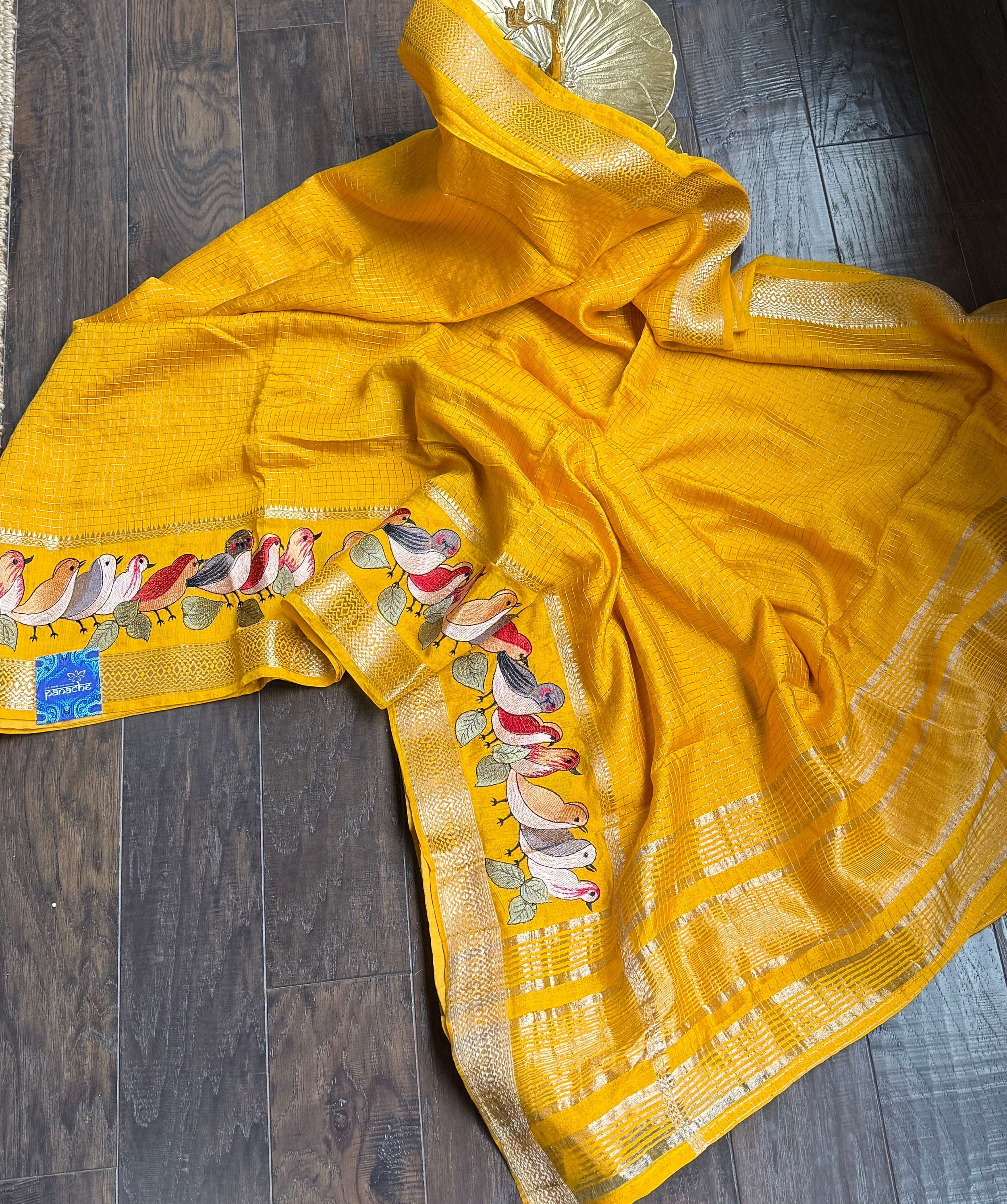 Designer Cotton Silk Banaras Chanderi - Mango Yellow Bird Embroidered