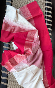 Pure Khadi Cotton Jamdani Handwoven - Off White Red Zari