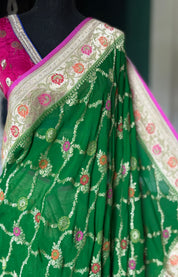 Khaddi Georgette Paithani Banarasi - Green Cream Meenakari