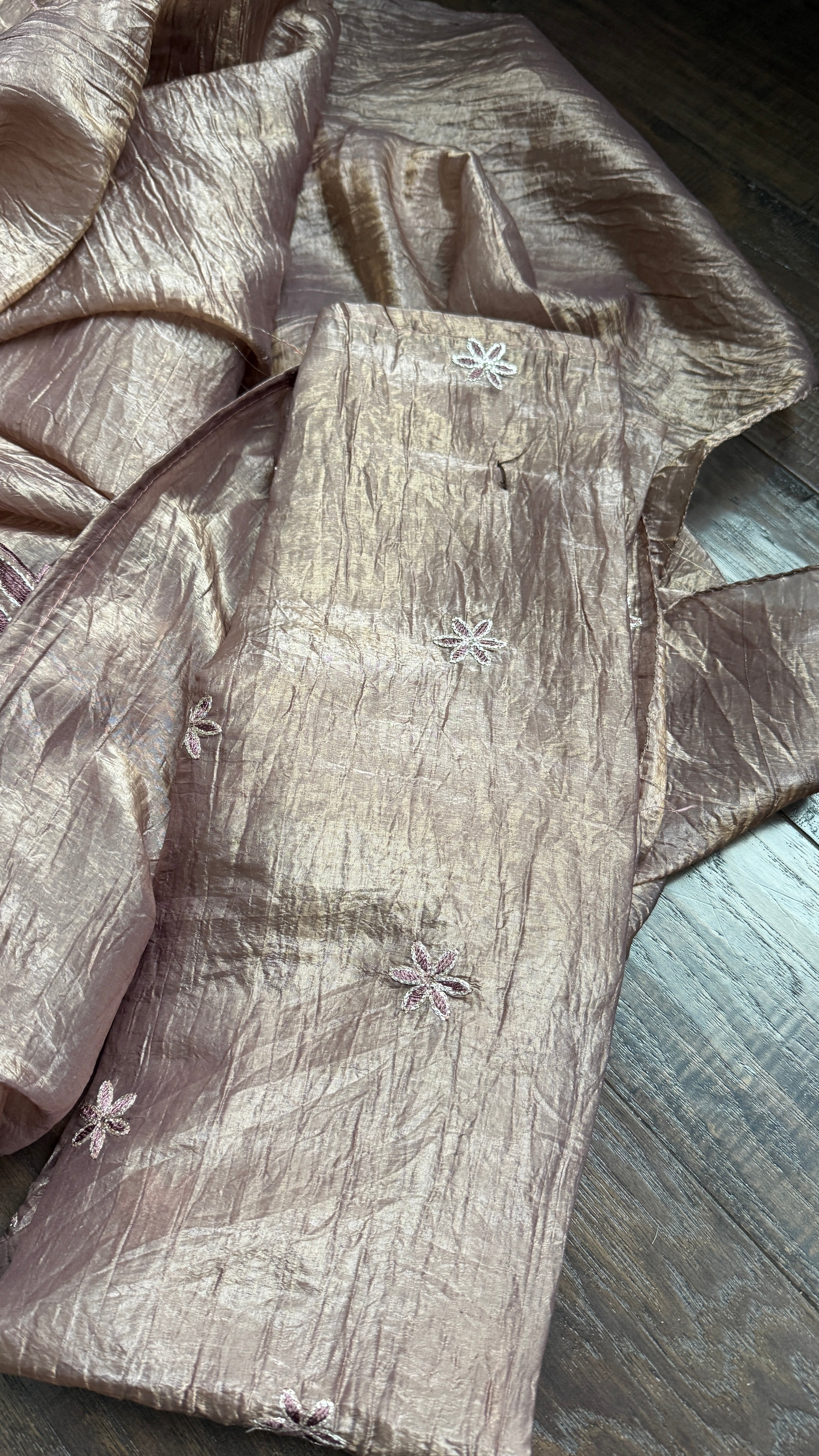 Designer Crushed Tissue Silk - Bronze Brown Appliqué Embroidered