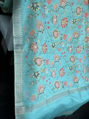 Designer Tussar Floral - Aqua Blue