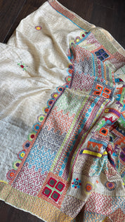 Pure Tussar Silk Lambani - Beige Zari Checks Hand Embroidered