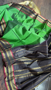Pure Silk 1gm Zari Kanjivaram - Green Black self Stripe