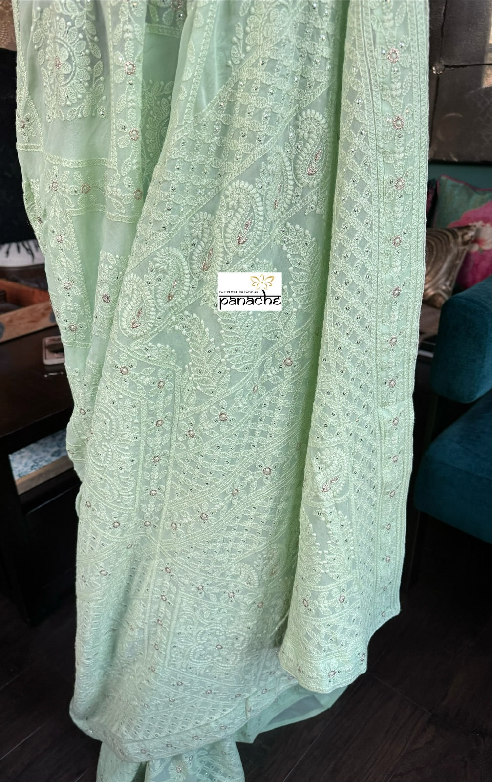 Designer Pure Georgette Chikankari - Light Pista Green