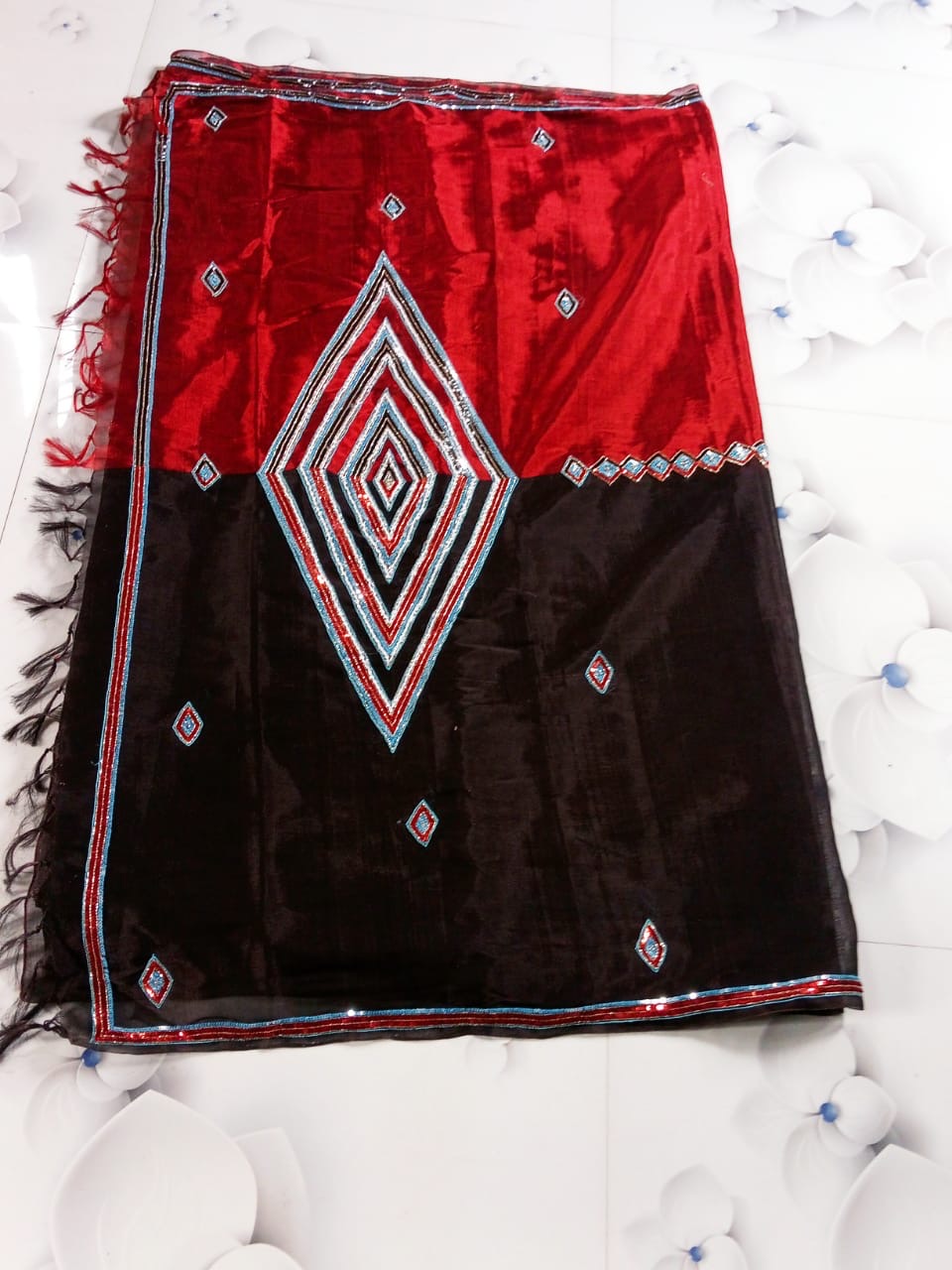 Pure Chanderi Cotton Tissue Silk - Black Red Hand Zardozi