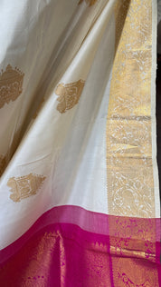 Pure Silk Kanjivaram - White Pink Woven