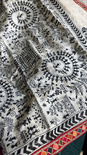 Designer Pure Tussar Silk Kantha Stitch -  Beige Worli Art