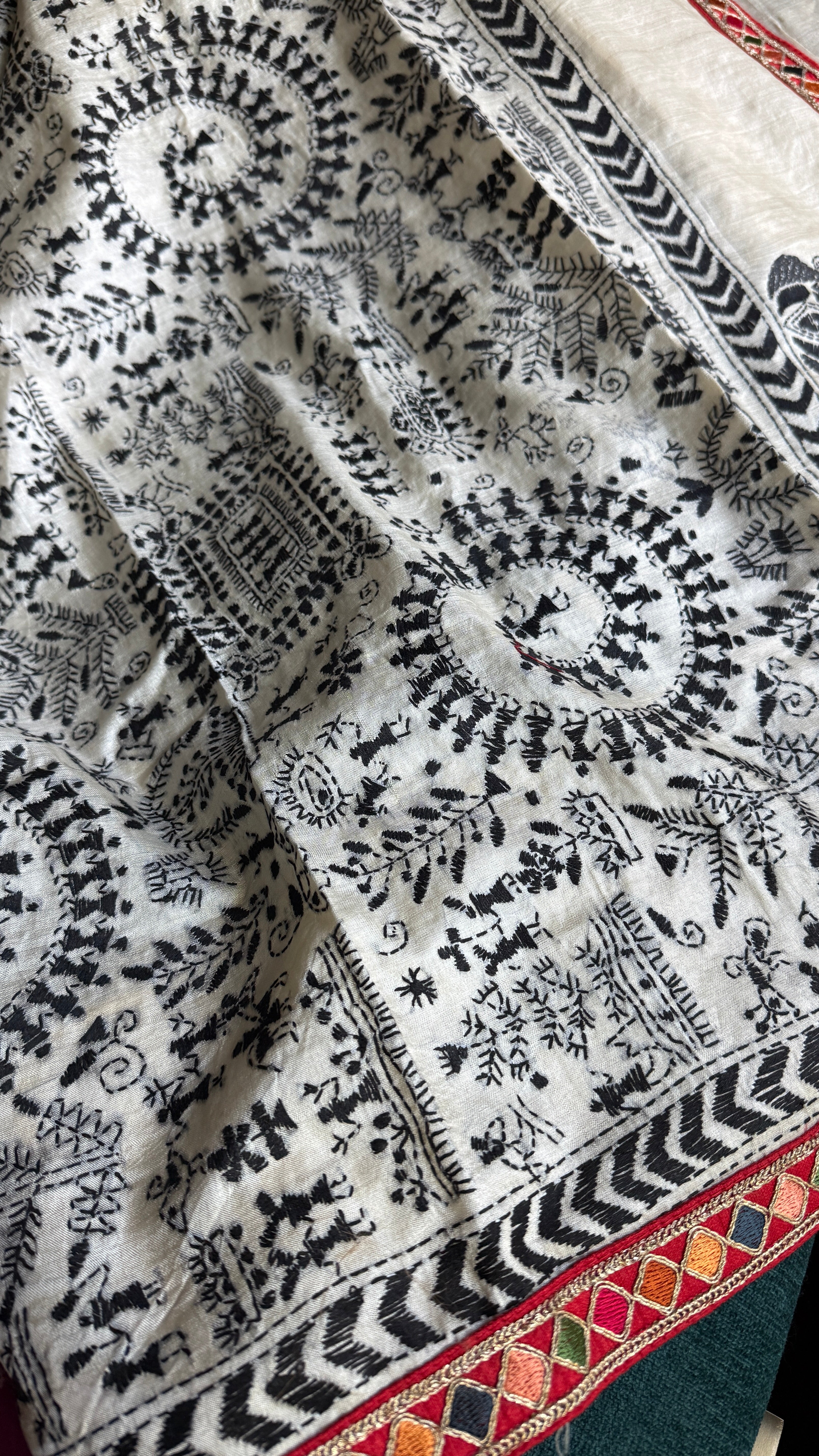 Designer Pure Tussar Silk Kantha Stitch -  Beige Worli Art