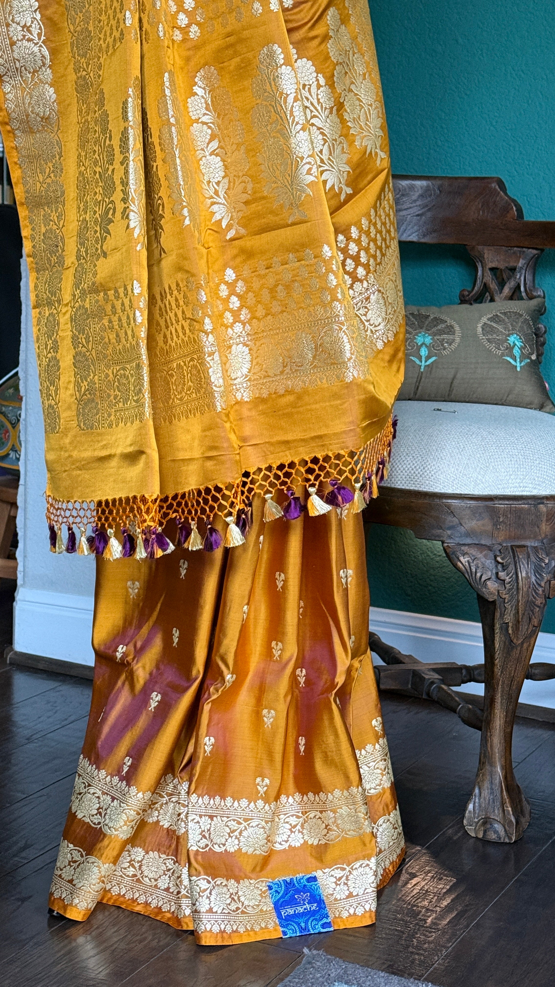 Pure Silk Mashru Banaras i- Golden Ochre Yellow