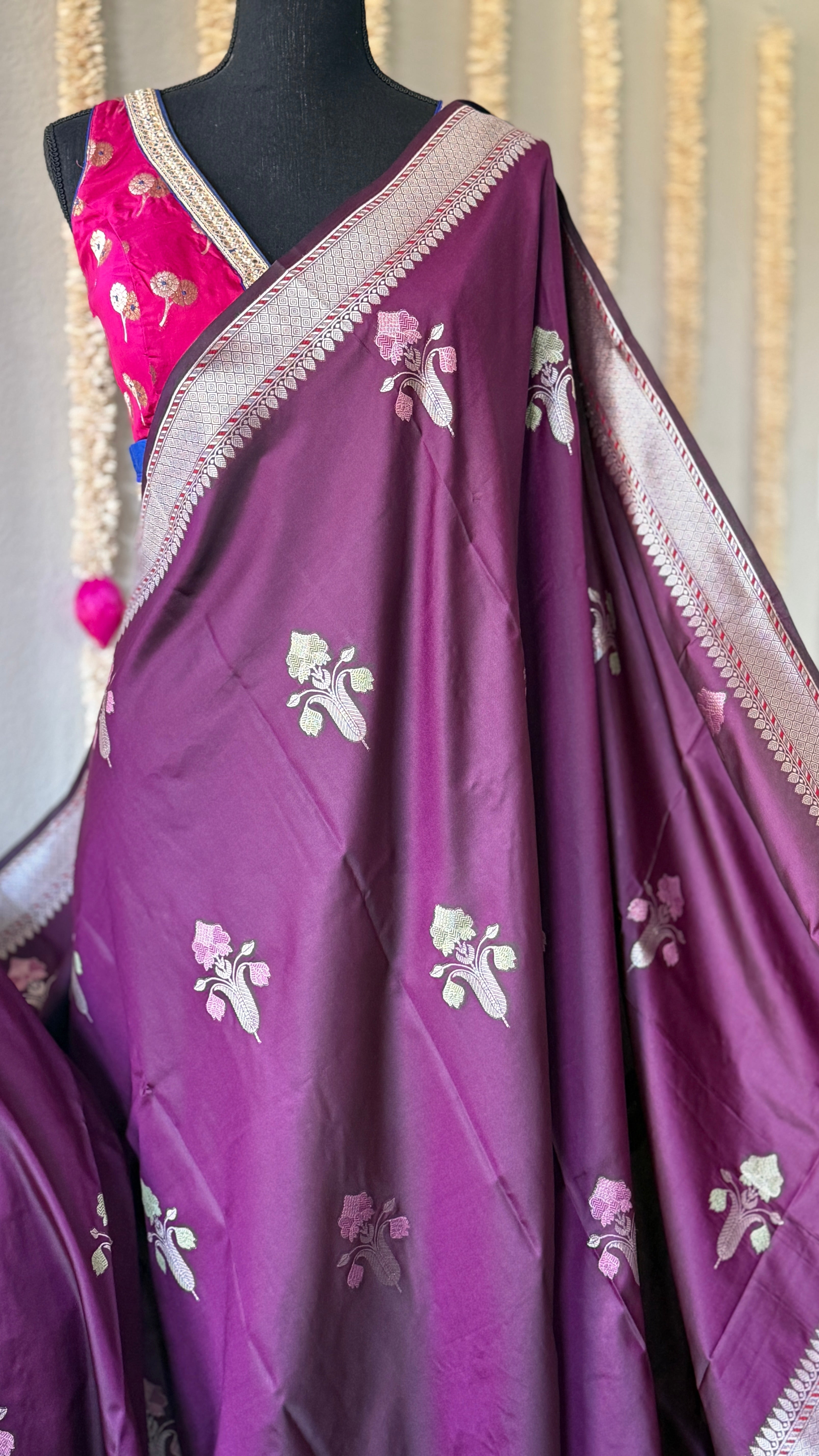 Soft Silk Banaras Saree - Plum Meenakari
