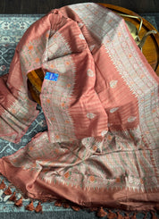 Tussar Silk Banarasi - Rust Orange Striped Antique Zari