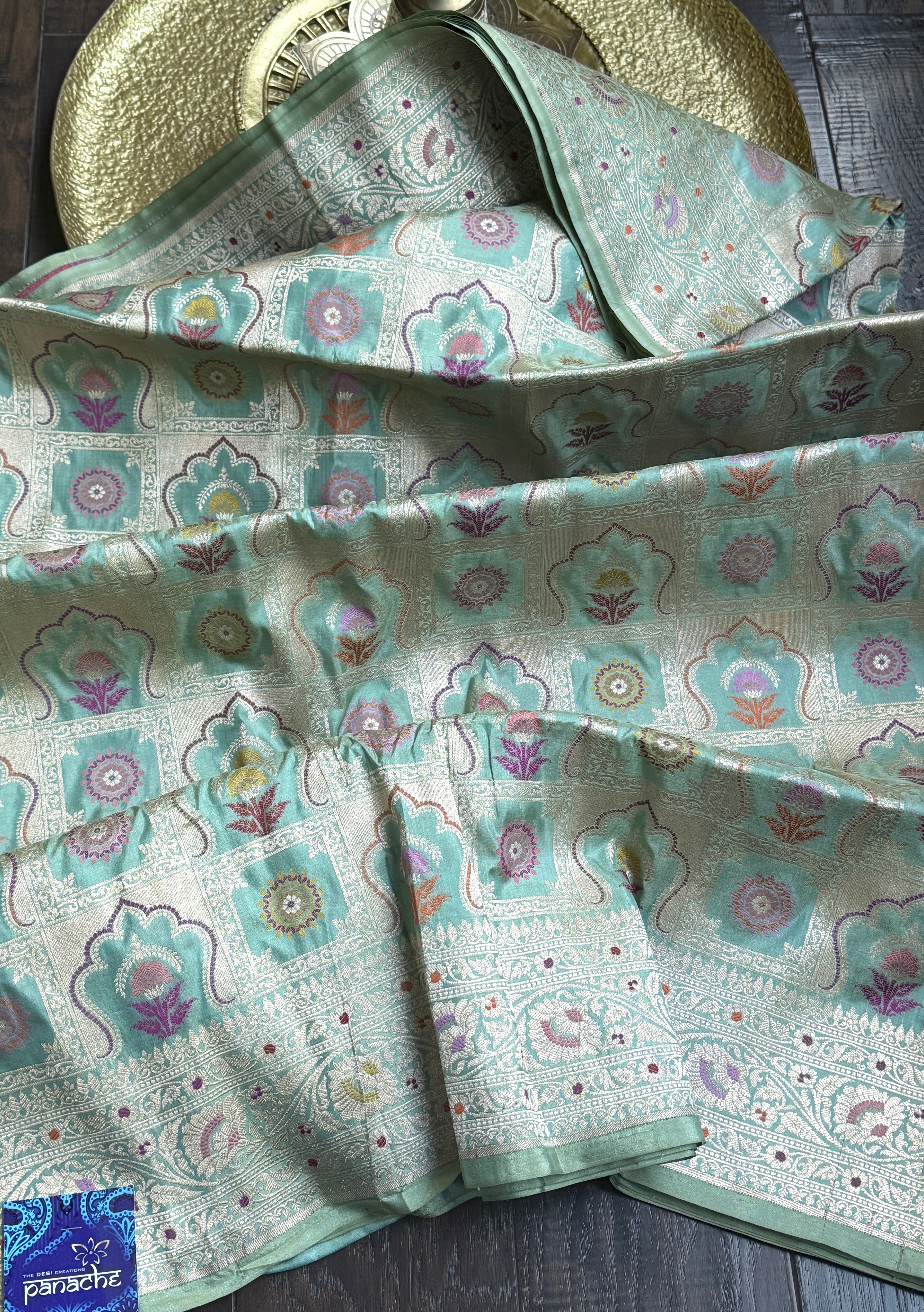 Pure Katan Silk Banarasi - Aqua Blue Multi Meenakari